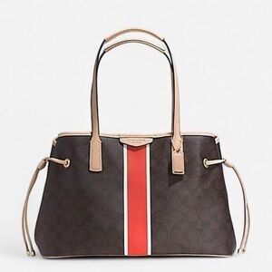 Coach F29064 Signature Stripe Large Carryall Handbag Purse Brass/Brown/Vermillio